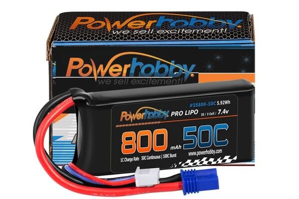 Powerhobby PHB2S80050CEC2  2S 7.4V 800mAh 50C Lipo Battery w/ EC2 Plug Losi Mini-B / Mini-T 2.0
