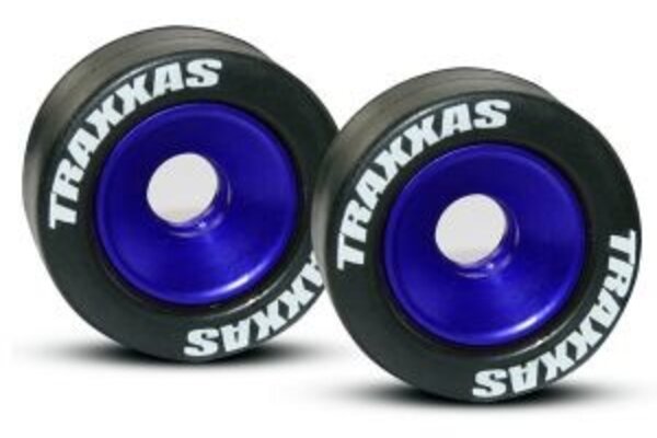 Traxxas 5186A Wheels, aluminum (blue-anodized) (2)/ 5x8mm ball bearings (4)/ axles (2)/ rubber tires (2)