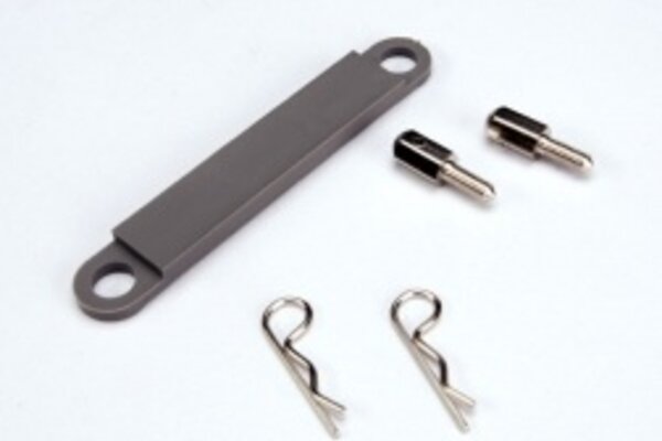 Traxxas  3727A Battery hold-down plate (gray)/ metal posts (2) / body clips (2)