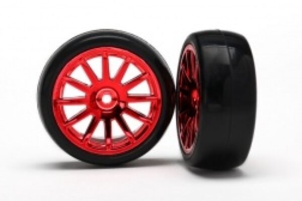 Traxxas 7573X Tires & wheels, assembled, glued (12-spoke red chrome wheels, slick tires) (2)