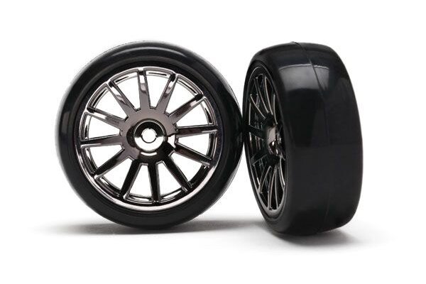 Traxxas 7573A Tires & wheels, assembled, glued (12-spoke black chrome wheels, slick tires) (2)
