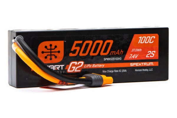 SPEKTRUM SPMX52S100H3  7.4V 5000mAh 2S 100C Smart G2 Hardcase LiPo Battery: IC3