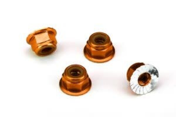 Traxxas 1747T Nuts, aluminum, flanged, serrated (4mm) (orange-anodized) (4)