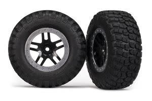 Traxxas 5885 Tires & wheels, assembled, glued (SCT Split-Spoke, black, satin chrome beadlock wheels,