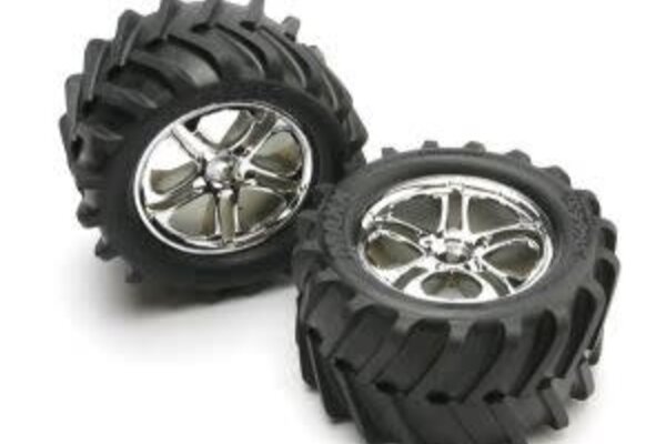 Traxxas 5173 Tires & wheels, assembled, glued (SS (Split-Spoke) chrome wheels, Maxx® Chevron tires, foam inserts) (2) (fits Revo®/T-Maxx®/E-Maxx with 6mm axle and 14mm hex)