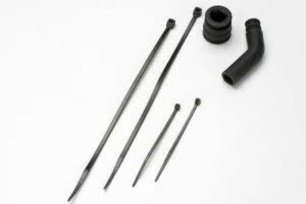 Traxxas 5245X Pipe coupler, molded (black)/ exhaust deflecter (rubber, black)/ cable ties, long (2)/ cable ties, short (2)