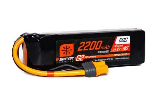 SPEKTRUM SPMX224S50  14.8V 2200mAh 4S 50C Smart G2 LiPo Battery: IC3