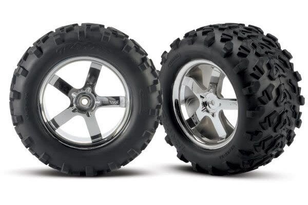 Traxxas 4973R Tires & wheels, assembled, glued (Hurricane chrome wheels, Maxx® tires (6.3' outer diameter), foam inserts) (2) (fits Revo®/T-Maxx®/E-Maxx with 6mm axle and 14mm hex)