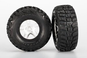 Traxxas 5976R Tires & wheels, assembled, glued (S1 ultra-soft off-road racing compound) (SCT Split-Spoke satin chrome, black beadlock style wheels, dual profile (2.2' outer, 3.0' inner), Kumho tires, foam inserts) (2) (front/rear)