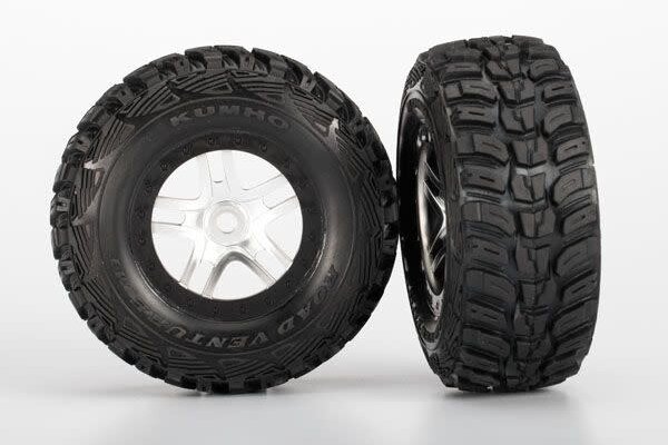 Traxxas 5976R Tires & wheels, assembled, glued (S1 ultra-soft off-road racing compound) (SCT Split-Spoke satin chrome, black beadlock style wheels, dual profile (2.2' outer, 3.0' inner), Kumho tires, foam inserts) (2) (front/rear)