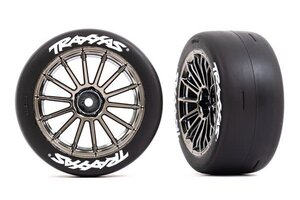 Traxxas 9375R  Tires & wheels, assembled, glued (multi-spoke black chrome wheels, 2.0" slick tires with Traxxas® logo, foam inserts) (rear) (2) (VXL rated)