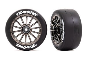 Traxxas 9374R Tires & wheels, assembled, glued (multi-spoke black chrome wheels, 2.0" slick tires with Traxxas® logo, foam inserts) (front) (2) (VXL rated)