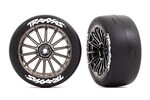 Traxxas 9374R Tires & wheels, assembled, glued (multi-spoke black chrome wheels, 2.0" slick tires with Traxxas® logo, foam inserts) (front) (2) (VXL rated)
