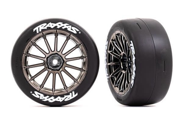 Traxxas 9374R Tires & wheels, assembled, glued (multi-spoke black chrome wheels, 2.0" slick tires with Traxxas® logo, foam inserts) (front) (2) (VXL rated)