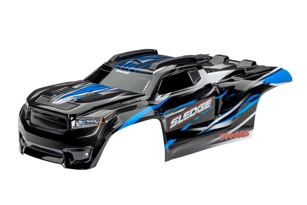 Traxxas 9511A Body, Sledge™, blue/ window, grille, lights decal sheet (assembled with front & rear body mounts and rear body support for clipless mounting)