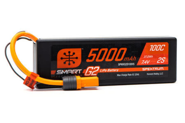 SPEKTRUM SPMX52S100H5  7.4V 5000mAh 2S 100C Smart G2 Hardcase LiPo Battery: IC5