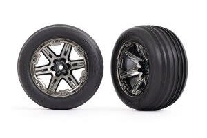 Traxxas 3771R Tires & wheels, assembled, glued (2.8') (RXT black chrome wheels, ribbed tires, foam inserts) (electric front) (2)