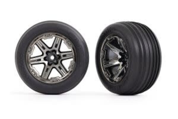 Traxxas 3771R Tires & wheels, assembled, glued (2.8') (RXT black chrome wheels, ribbed tires, foam inserts) (electric front) (2)