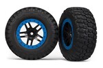 Traxxas 5885A Tire & wheel assy, glued (SCT Split-Spoke, black, blue beadlock wheels,  BFGoodrich® Mud-Terrain™  T/A® KM2 tires,  inserts) (2) (2WD Front)