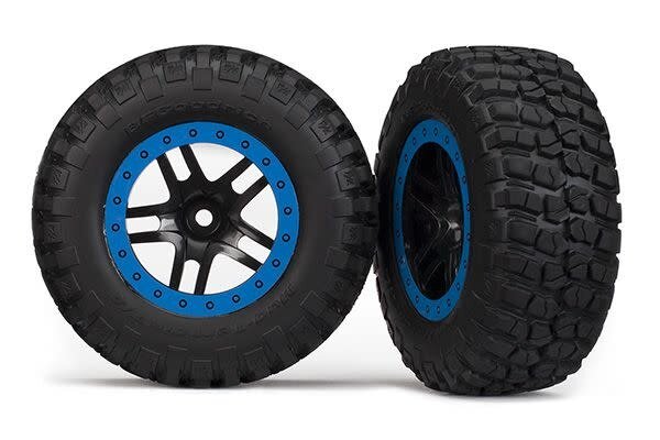 Traxxas 5885A Tire & wheel assy, glued (SCT Split-Spoke, black, blue beadlock wheels,  BFGoodrich® Mud-Terrain™  T/A® KM2 tires,  inserts) (2) (2WD Front)
