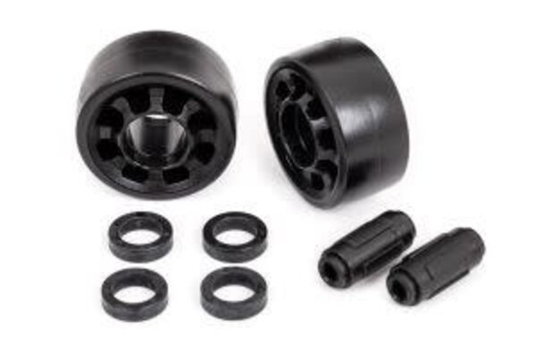 Traxxas 7775 Wheels, wheelie bar (2)/ axles, wheelie bar (2)/ 10x15x4 plastic bushings (4) (for #7776, 8976, or 9576 wheelie bar)