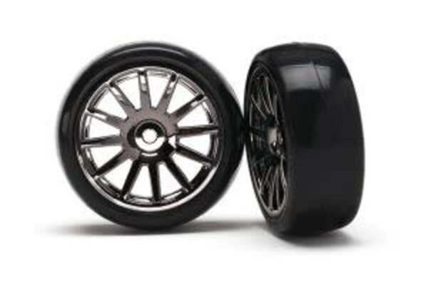 Traxxas 7573A Tires & wheels, assembled, glued (12-spoke black chrome wheels, slick tires) (2)