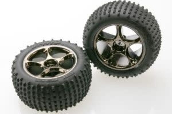 Traxxas 2470A Tires & wheels, assembled (Tracer 2.2' black chrome wheels, Alias® 2.2' tires) (2) (Bandit® rear, medium compound with foam inserts) (TSM rated)