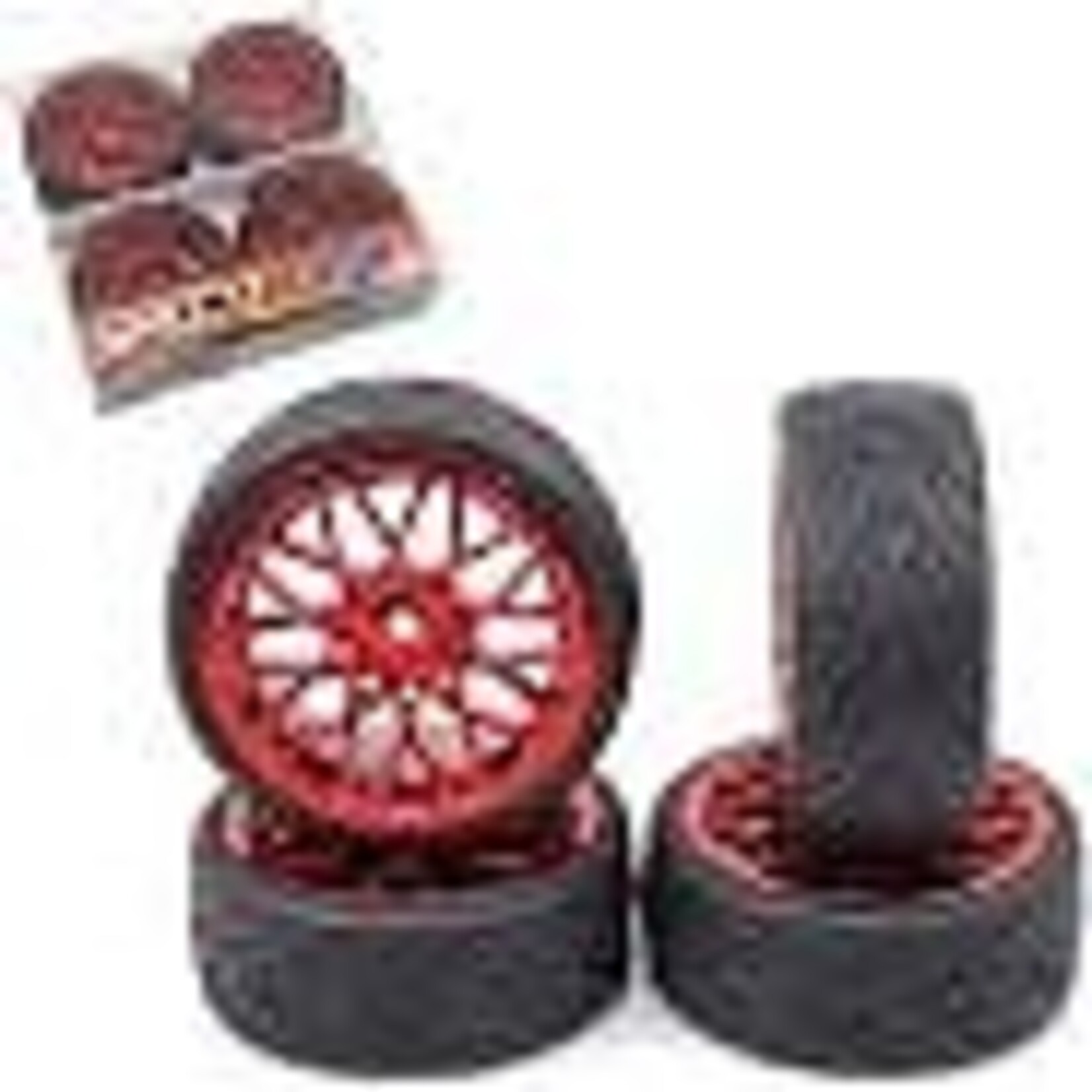 YEA-WL-0108  Yeah Racing Spec T Pre-Mounted On-Road Touring Tires w/LS Wheels (Red) (4) w/12mm Hex & 3mm Offset