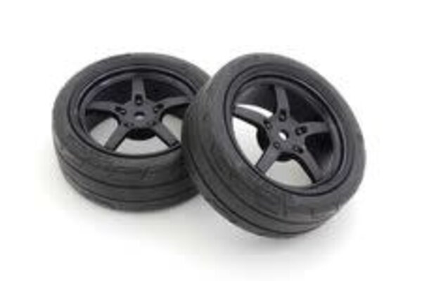 Kyosho KYOFATH705BKM  Glued TC Tire, Medium Compound, on 5-Spoke Racing Wheel, Black,