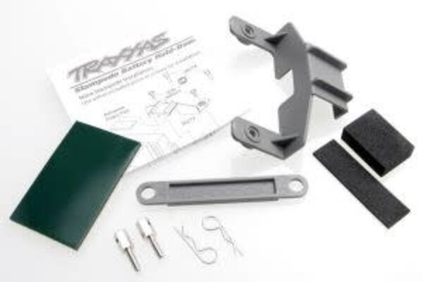Traxxas 3627X Battery hold-down (gray) (1) / receiver hold-down (grey) (1) / metal posts (2)/ spacers (2)/ body clips (2)/ servo tape/ adhesive foam pad