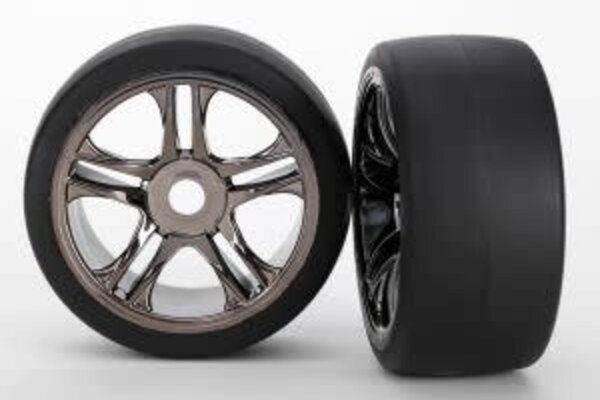 Traxxas 6479 XO-1  Tires & wheels, assembled, glued (split-spoke, black chrome wheels, slick tires (S1 compound), foam inserts) (front) (2)