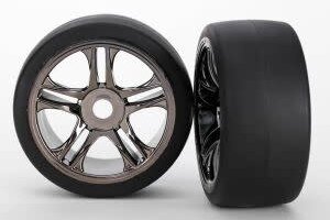 Traxxas 6477 Tires & wheels, assembled, glued (split-spoke, black chrome wheels, slick tires (S1 compound), foam inserts) (rear) (2)