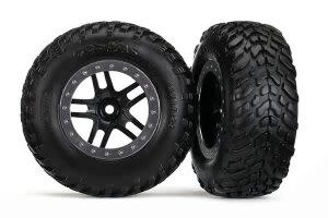 Traxxas 5889 Tires & wheels, assembled, glued (SCT Split-Spoke black, satin chrome beadlock style wheel, dual profile (2.2' outer, 3.0' inner), SCT off-road racing tires, foam inserts) (2) (4WD f/r, 2WD rear) (TSM rated)