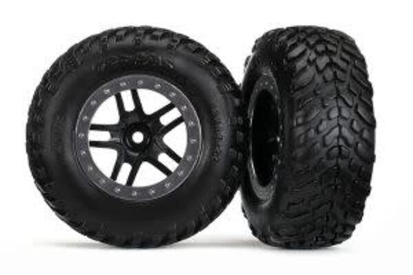 Traxxas 5889 Tires & wheels, assembled, glued (SCT Split-Spoke black, satin chrome beadlock style wheel, dual profile (2.2' outer, 3.0' inner), SCT off-road racing tires, foam inserts) (2) (4WD f/r, 2WD rear) (TSM rated)