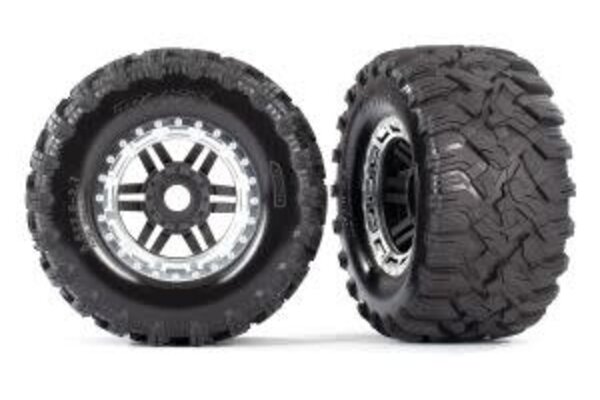Traxxas 8972X Tires & wheels, assembled, glued (black, satin chrome beadlock style wheels, Maxx® MT tires, foam inserts) (2) (17mm splined) (TSM® rated)