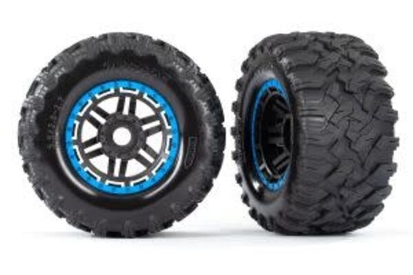Traxxas 8972A Tires & wheels, assembled, glued (black, blue beadlock style wheels, Maxx® MT tires, foam inserts) (2) (17mm splined) (TSM® rated)