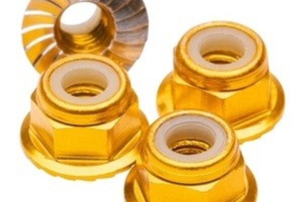 1UP Racing 1UP80562  M4 Flanged and Serrated Aluminum Locknuts, Gold, 4pcs