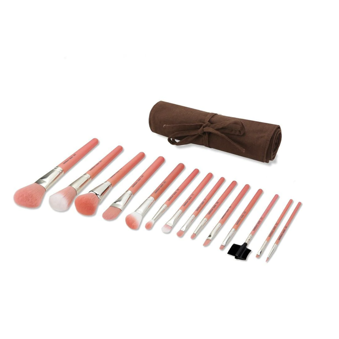 Pink Bambu Complete 14pc. Brush Set with Roll-up Pouch