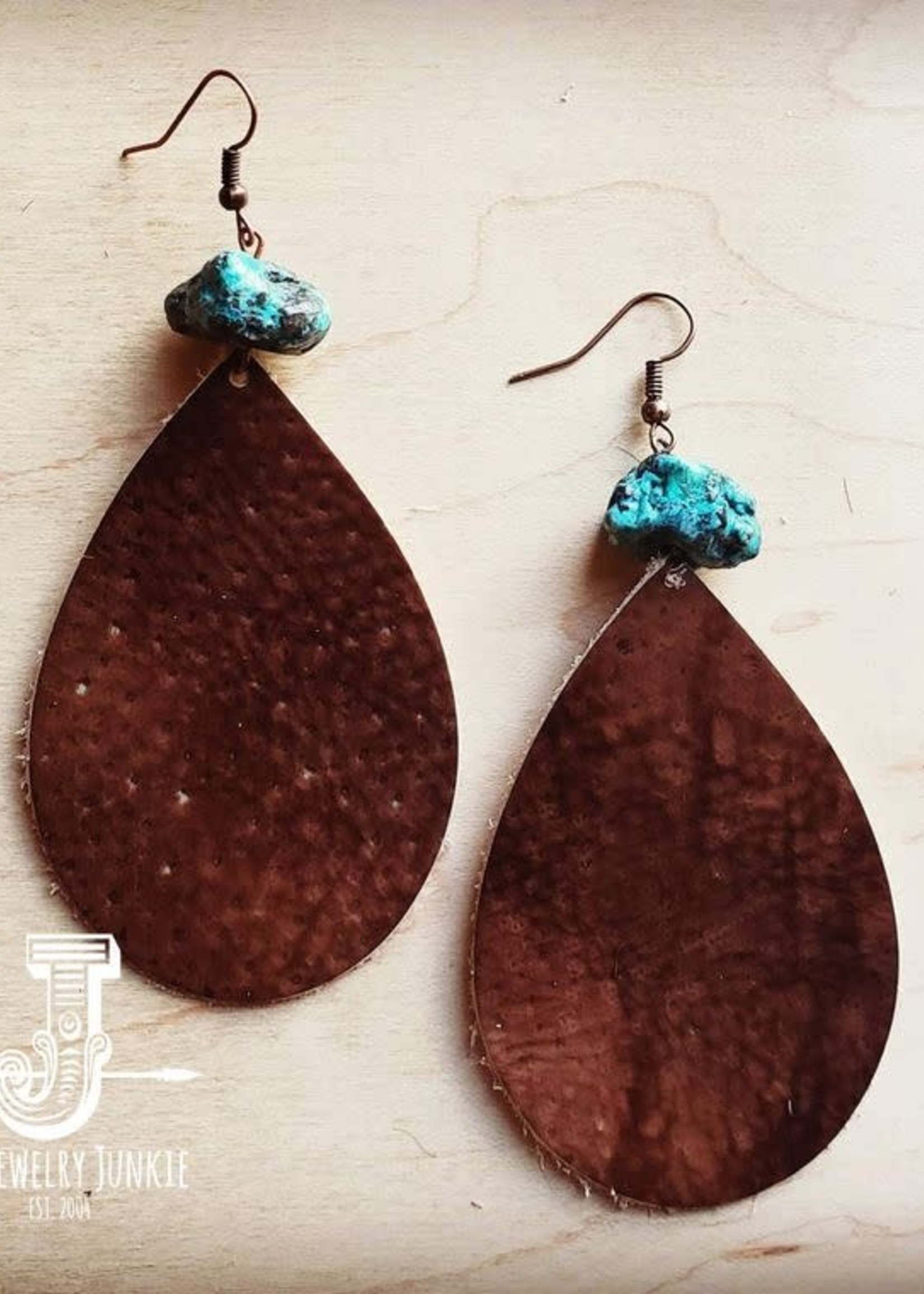 The Jewelry Junkie Leather Teardrop Earrings with Turquoise Chunk