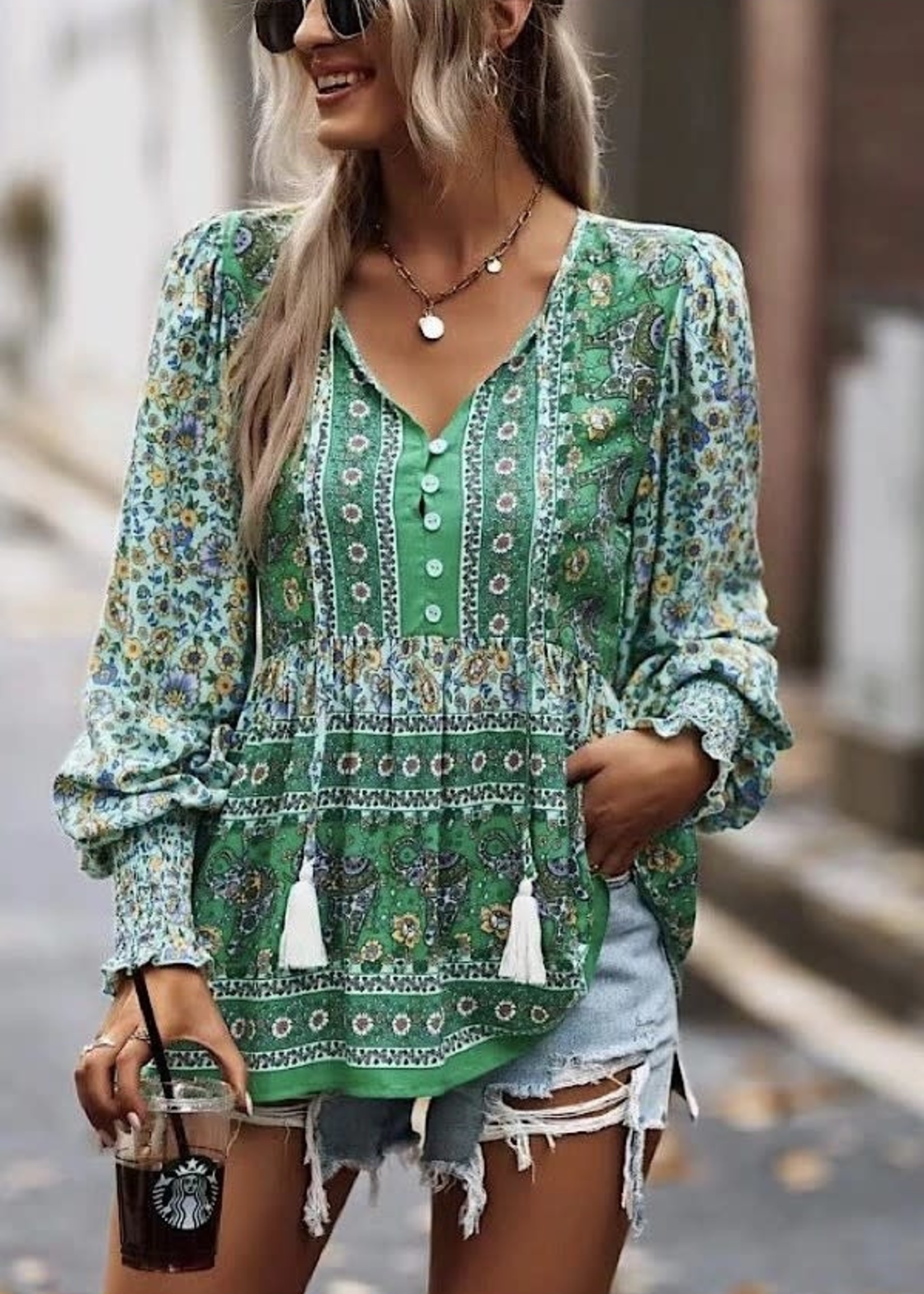 Miss Sparkling Printed Long Sleeve Blouse