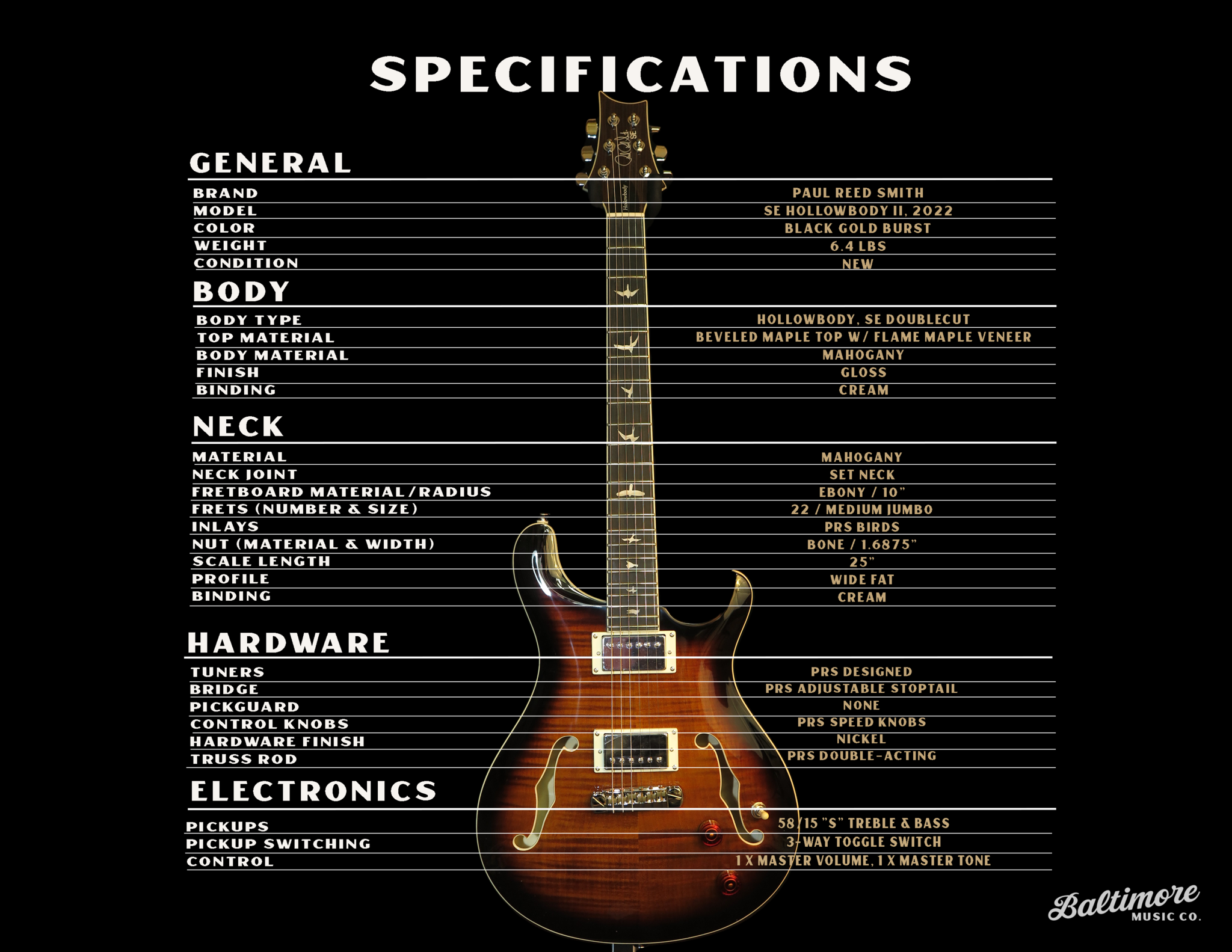 PRS SE Hollowbody II - Black Gold Burst - Baltimore Music Company