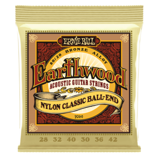 Ernie Ball Earthwood Folk Nylon, Clear & Gold Ball End, 80/20 Bronze Acoustic Guitar Strings - 28-42 Gauge