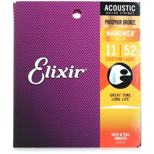 Elixir Strings 16027 Nanoweb Phosphor Bronze Acoustic Guitar Strings - .011-.052 Custom Light