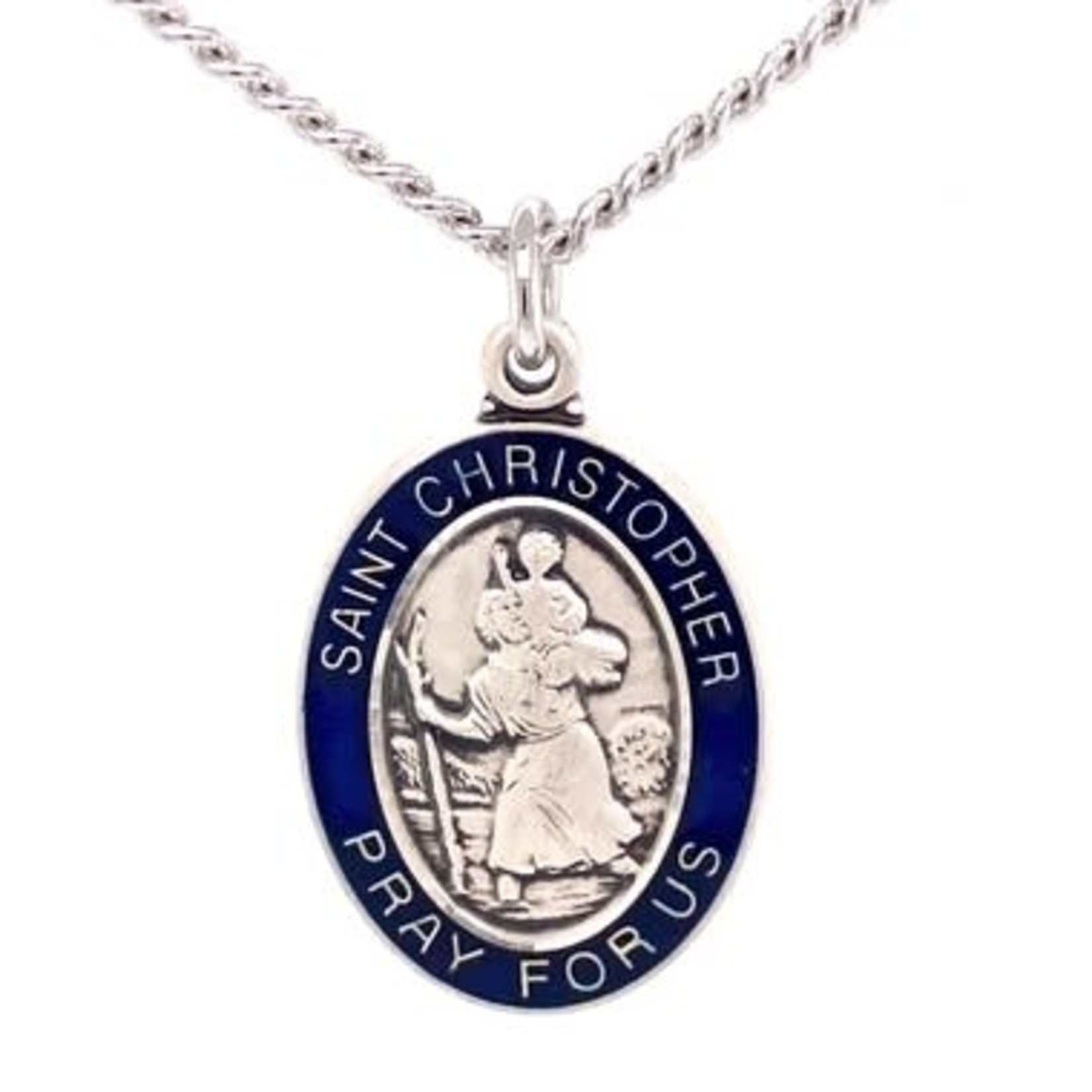 Sterling  Silver w/ Blue St Christopher Medal