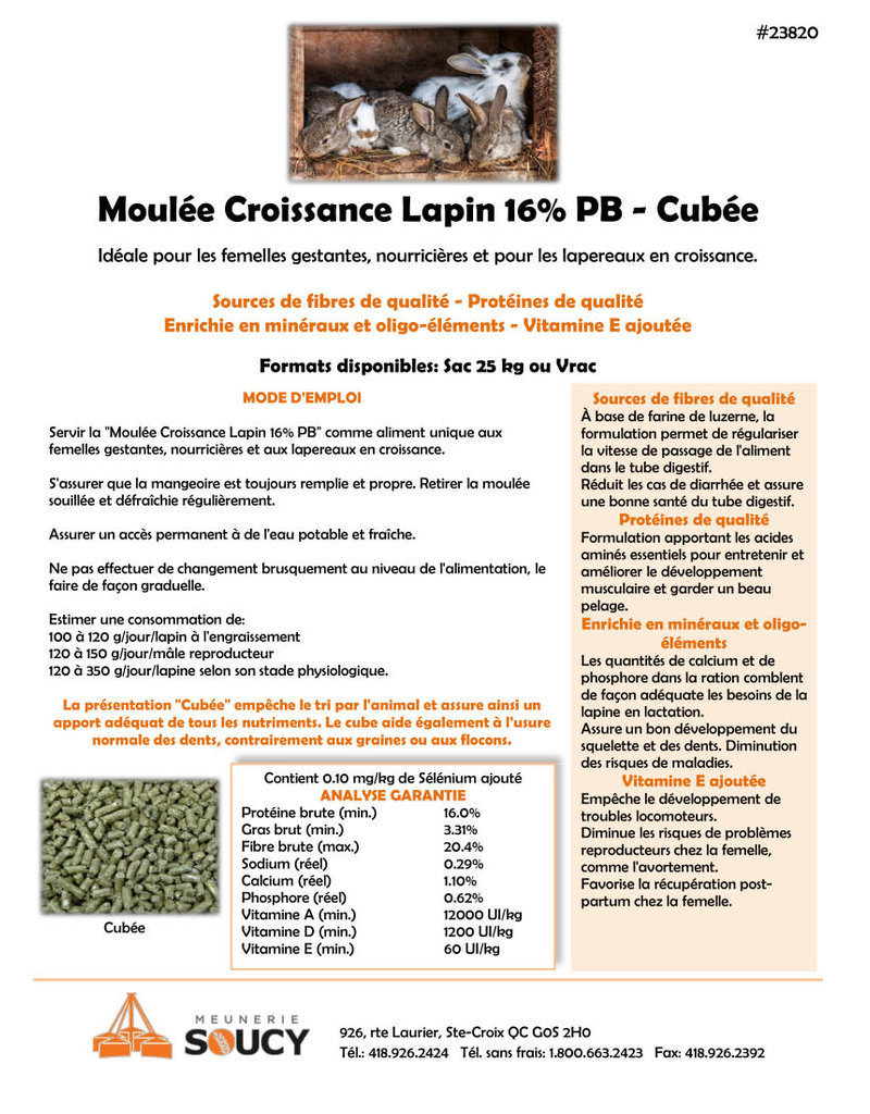 Meunerie Soucy M-23820-Moulée Croissance Lapin 16% Pb - Cubée