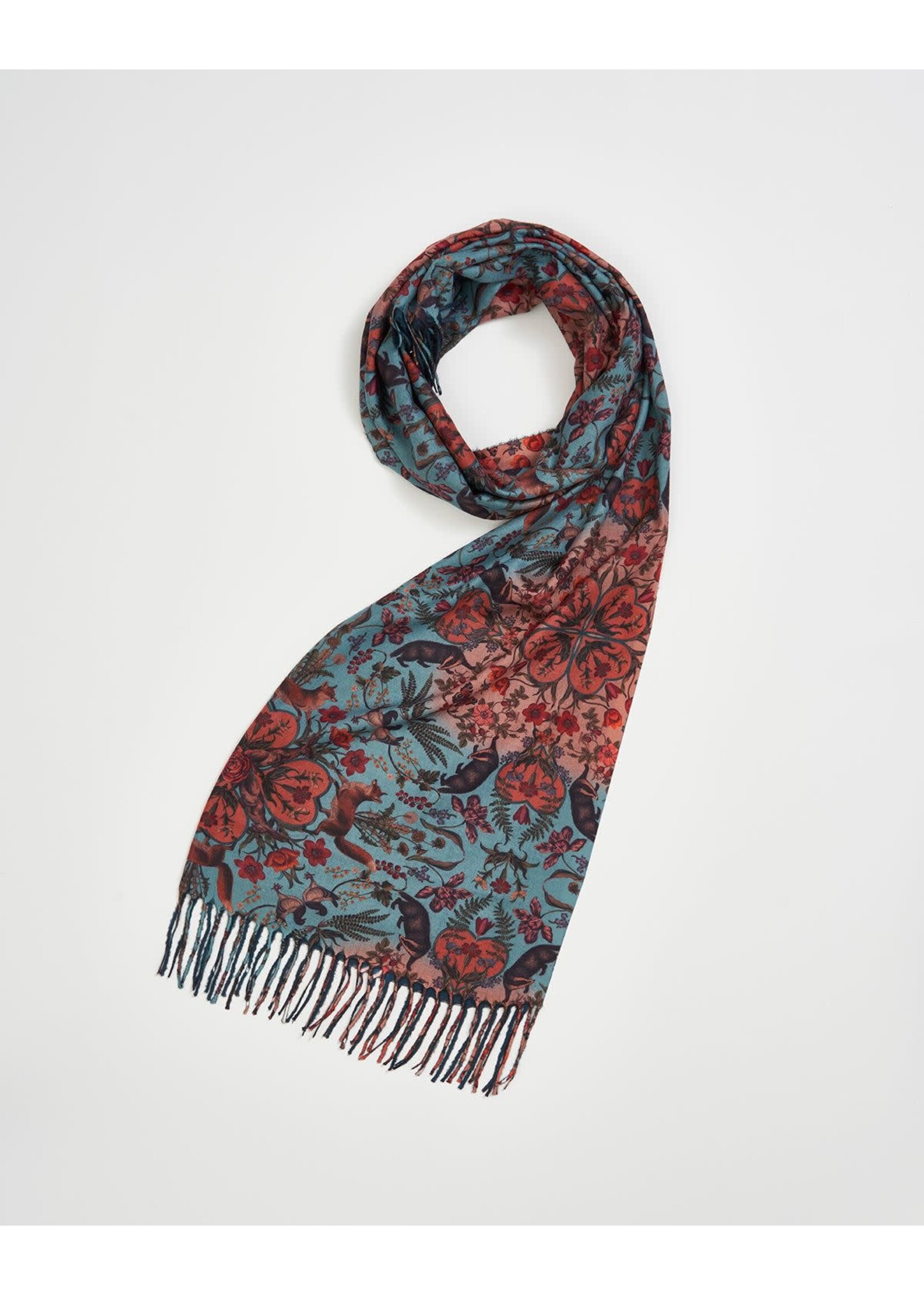 Fable England Folksy Fox Teal Scarf w/Tassles