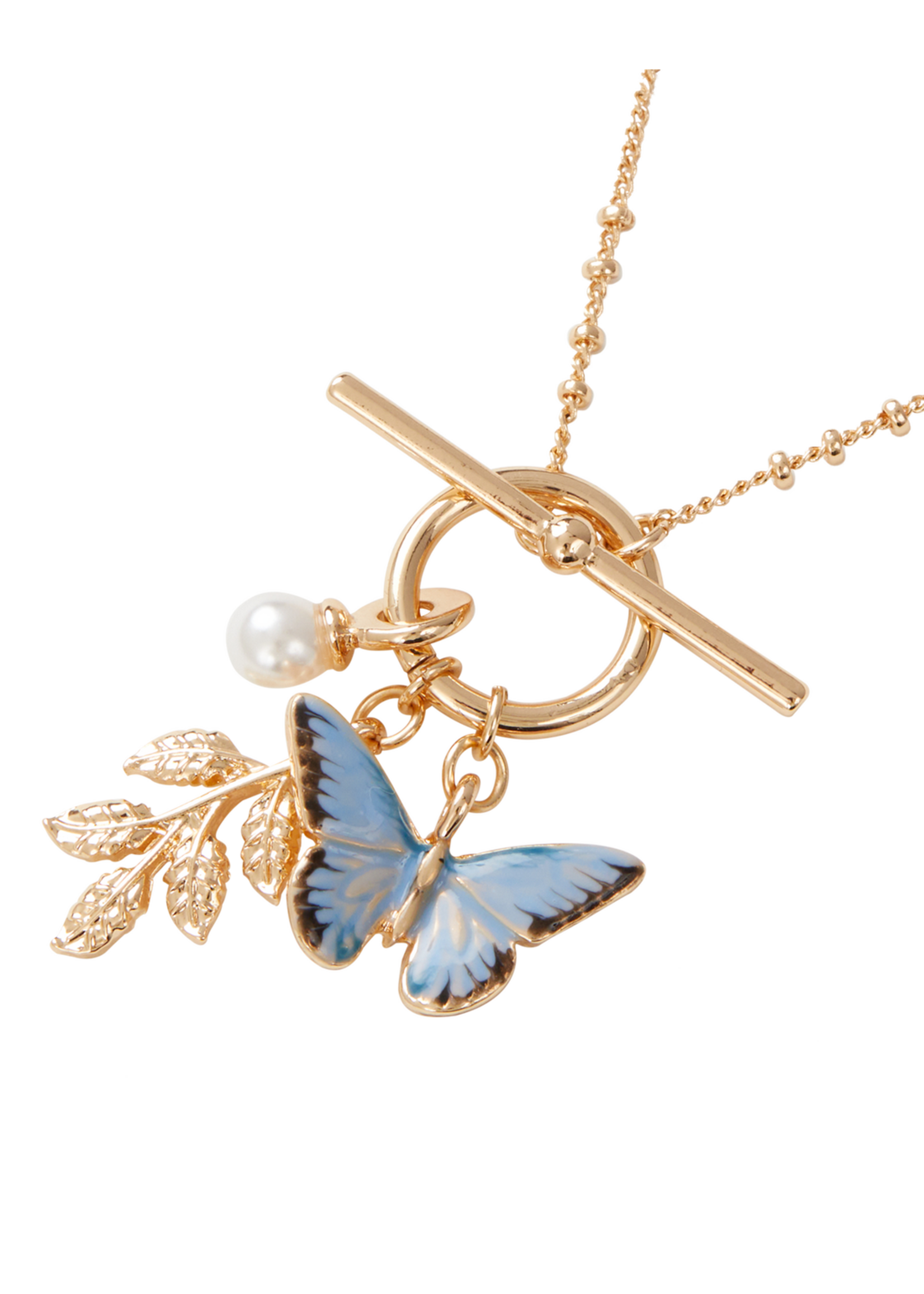 Fable England Enamel Blue Butterfly & Leaf Charm Necklace