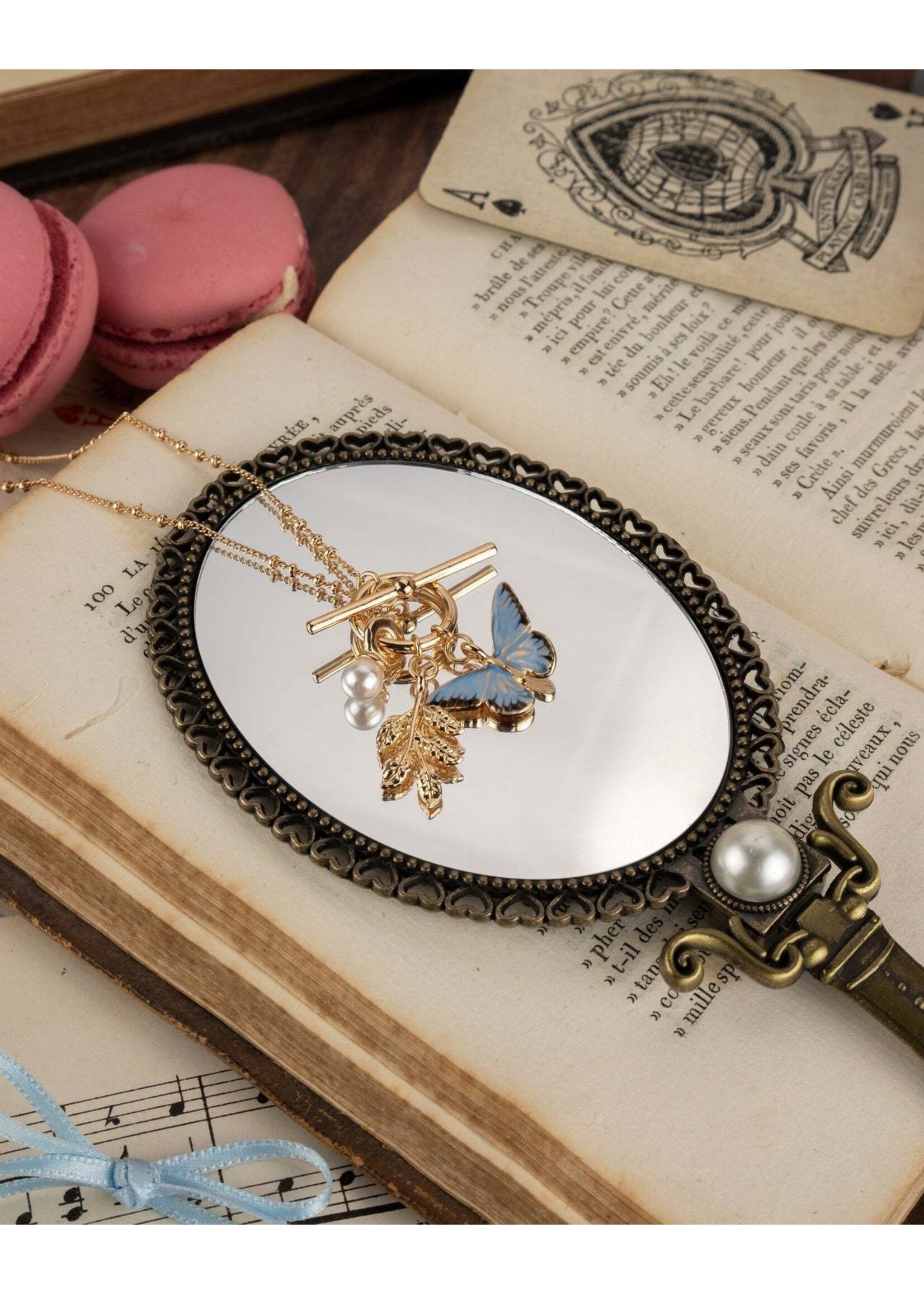 Fable England Enamel Blue Butterfly & Leaf Charm Necklace