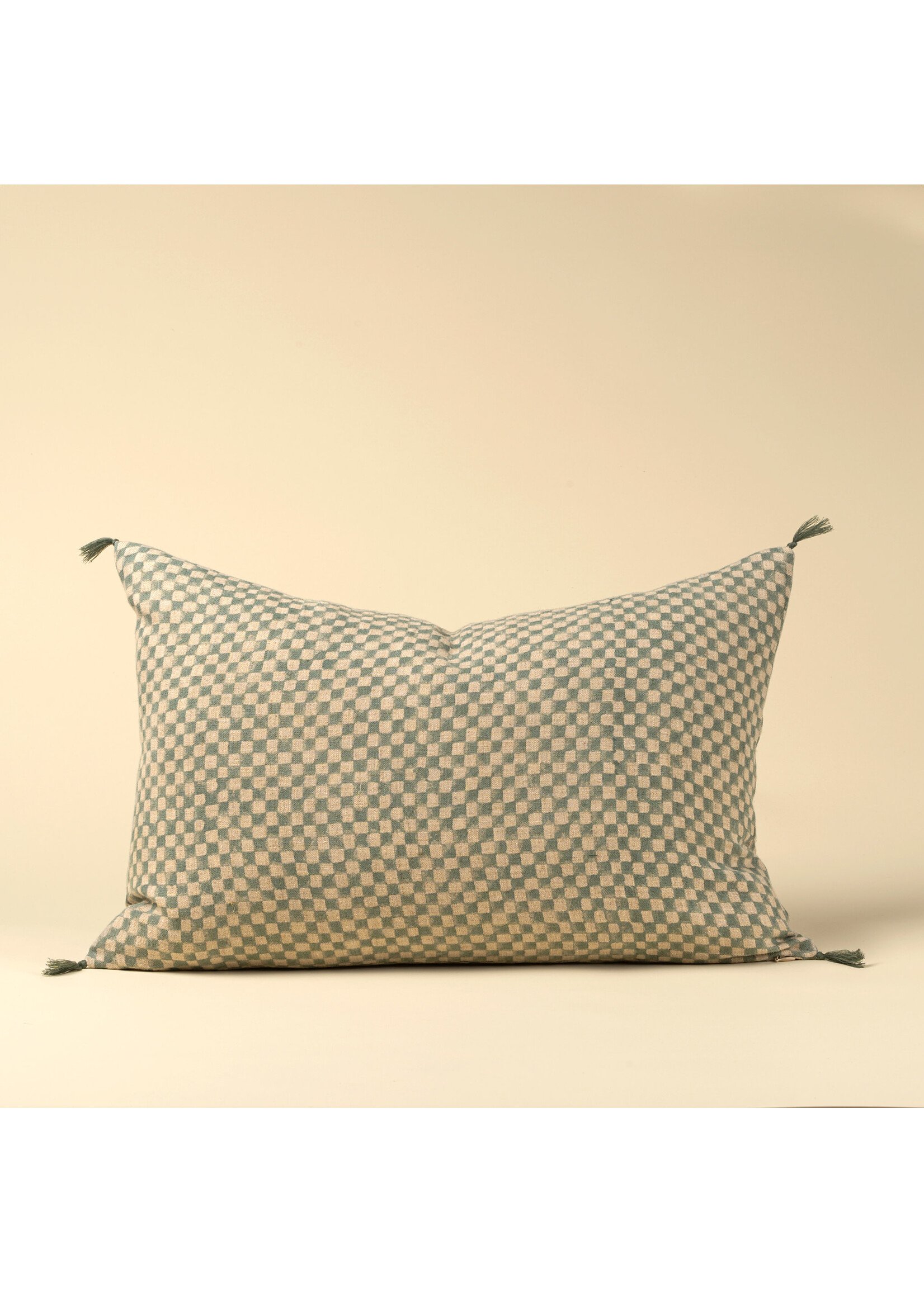 Indaba 16x24 Block Print Check Linen Pillow Blue