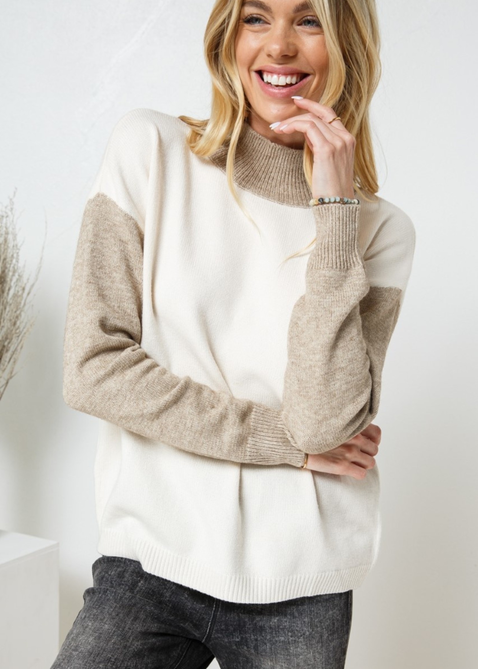 Cozy Co. Two Tone High Neck Soft Pullover Knit Sweater